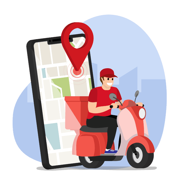Courier delivery service illustration showing a delivery person on a scooter with smartphone map interface